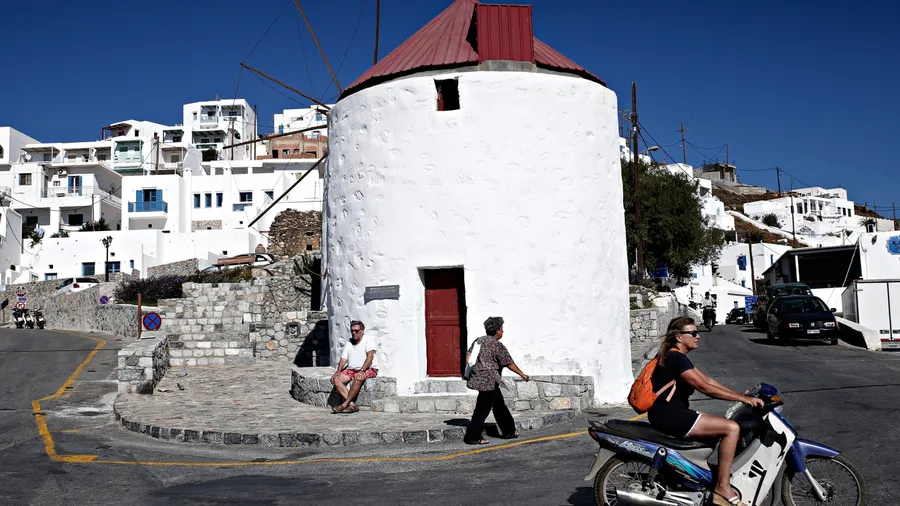 Windmills in Chora, at the Greek island of Astypalaia, in Dodecanese island complex on July 29,2017