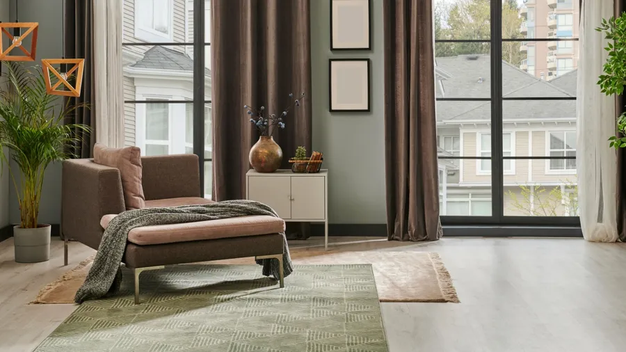 A cozy living room setting includes a comfortable chair, a decorative vase, layered rugs, and large windows allowing natural light to flow in.