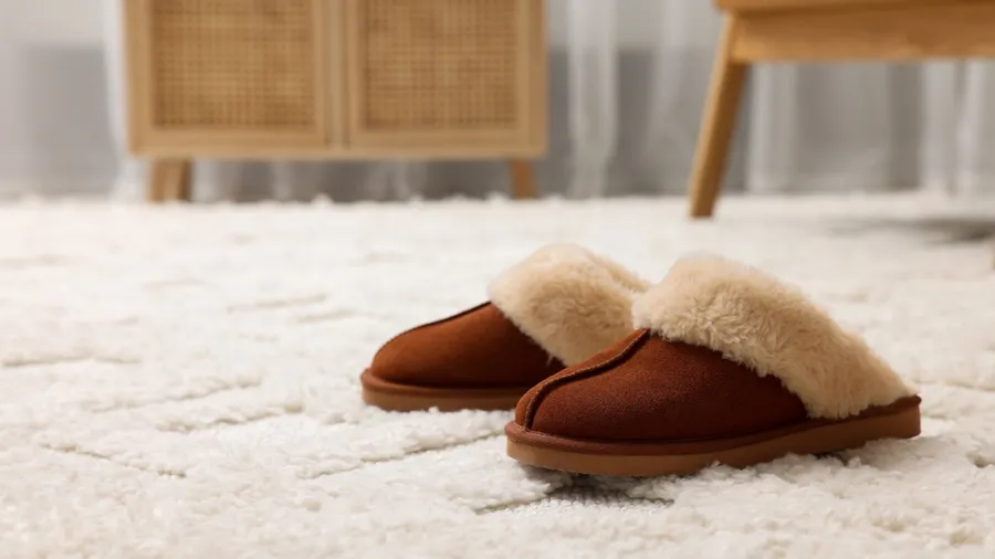 Cozy brown slippers on soft white carpet.