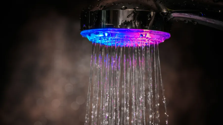 An LED showerhead with water flowing from it.