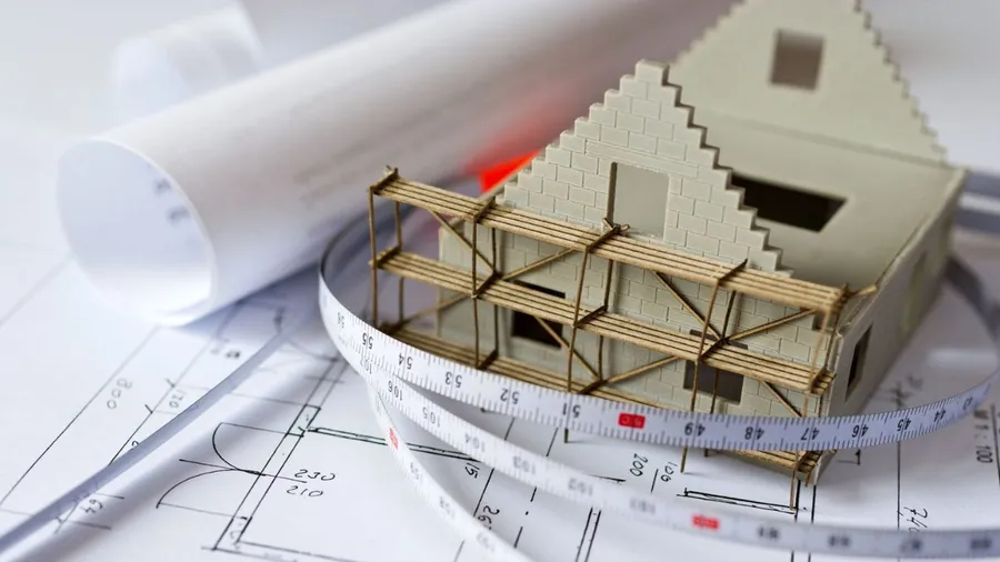 An architectural plans and a model house with measuring tools.