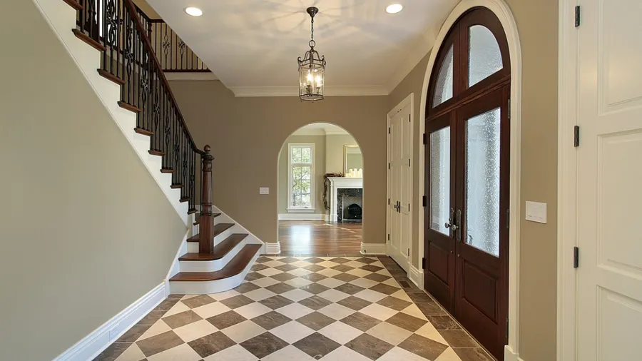 Decorative white interior with an archway, plants, and wooden furniture.