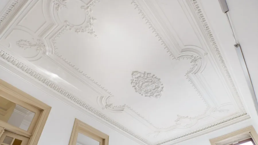 A beautifully detailed plaster ceiling with intricate designs.