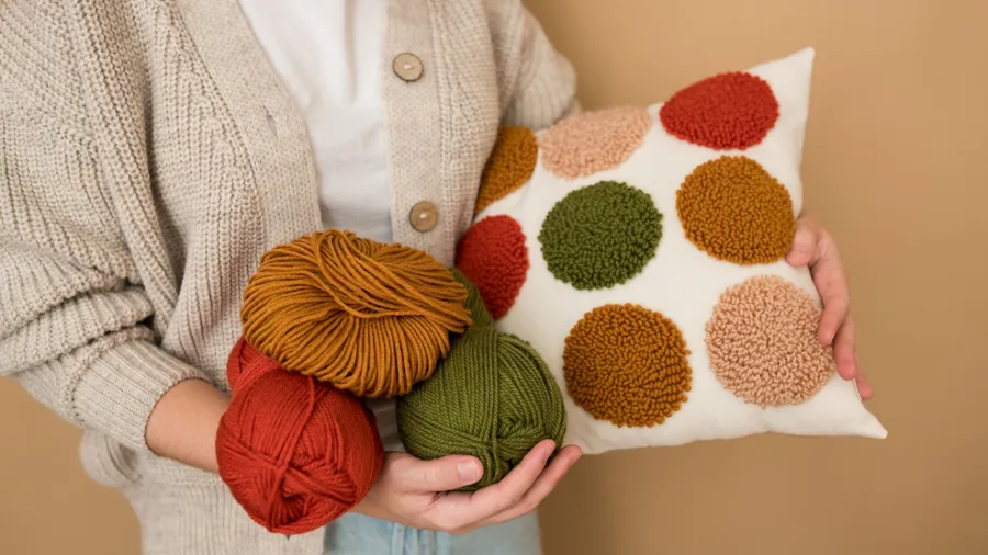 A woman holding yarns and hand embroidered pillow in her hands.