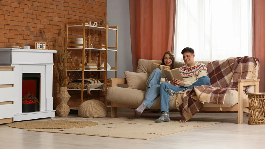 A cozy living room scene with a couple sitting on a sofa, smiling and reading a book together.