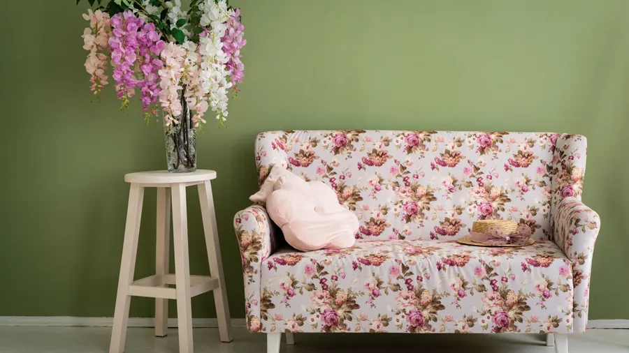 A sofa with floral sofa cover and flower-shaped throw pillows with a wooden stool beside it with flower vase.