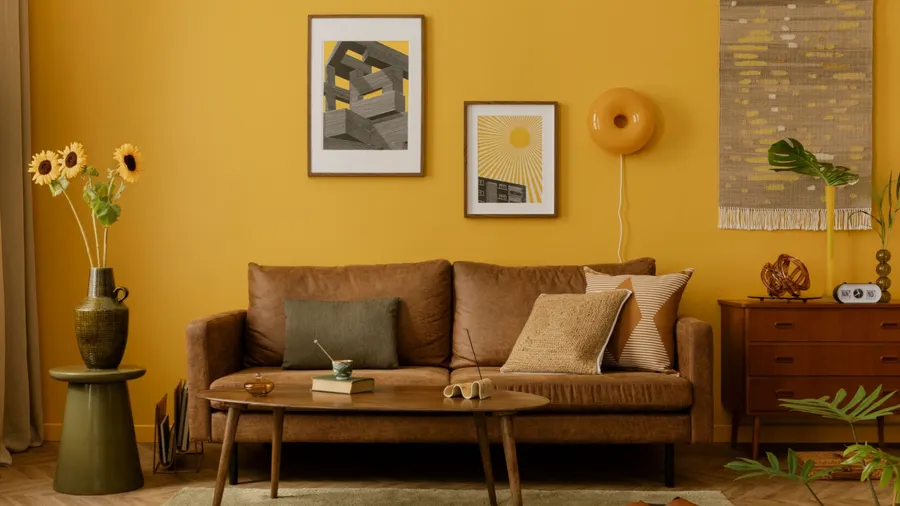 A stylish living room interior with a cozy brown sofa, pillows, console table, art frames, plants, and a wooden coffee table with decor accents.
