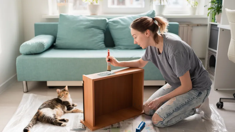 Woman painting a wooden table in a living room with a cat lying nearby.