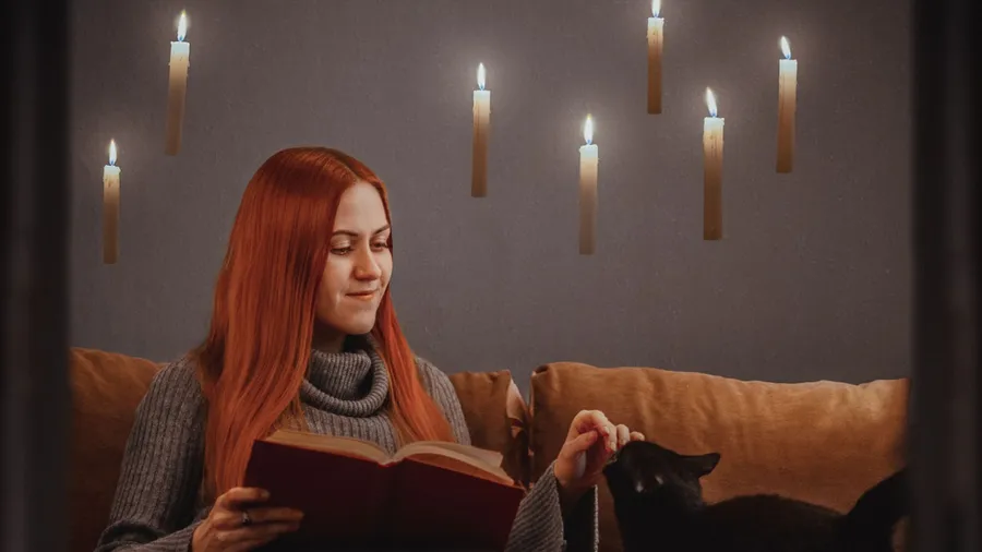 Girl reading a book with candles flying around