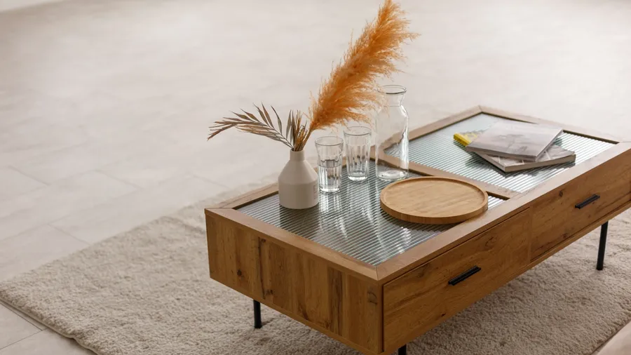 A record player sits on a table above vinyl records and a green plant.