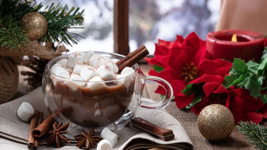 A cup of hot chocolate with marshmallow topping, cinnamon sticks, and holiday decor accents on a table.