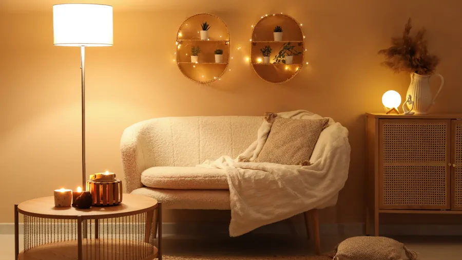 A cozy living room interior with sofa with throw pillows and blanket, floor lamp, coffee table with burning candles, and wooden floating shelves with string lights around them.