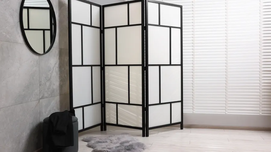 A black and white foldable screen in the corner of a bright room.