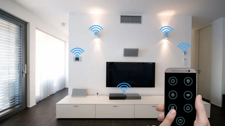 A modern living room showcases a sleek entertainment setup with a smart home controller, emphasizing a connected lifestyle.