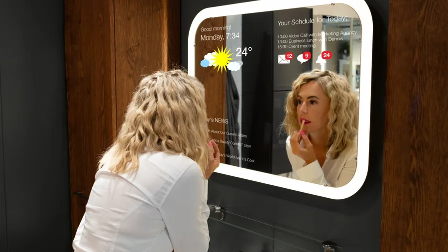 A woman using a smart mirror to apply makeup while checking her schedule and news.