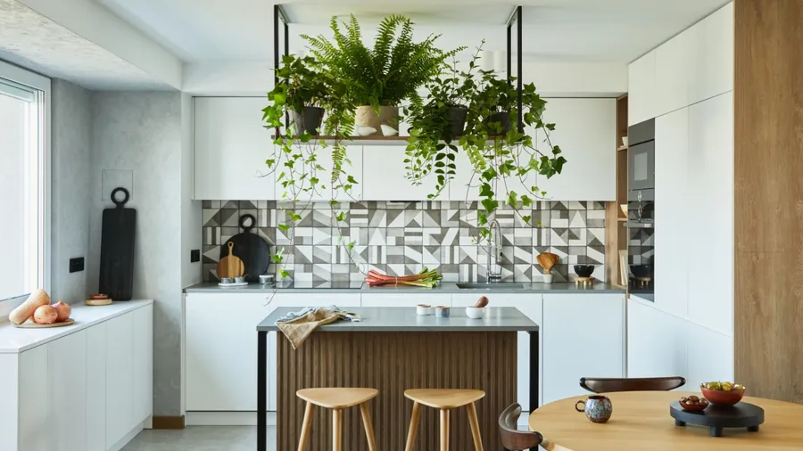A stylish kitchen with white cabinets, a geometric backsplash, a central island, wooden stools, and hanging plants.