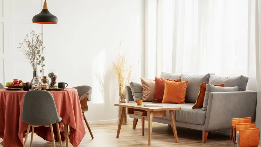 Modern living room with a grey sofa, colorful pillows, and a wooden coffee table.