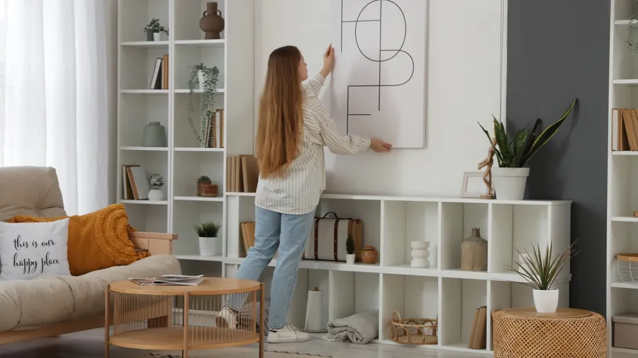 A woman hanging a large abstract poster in a bright living room with white shelving and plants.