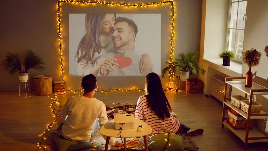 A couple watching a movie in a room illuminated by string lights.