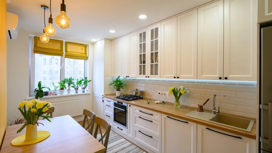 A contemporary kitchen featuring white cabinets, wooden countertops, a gas stove, and plants by the window.