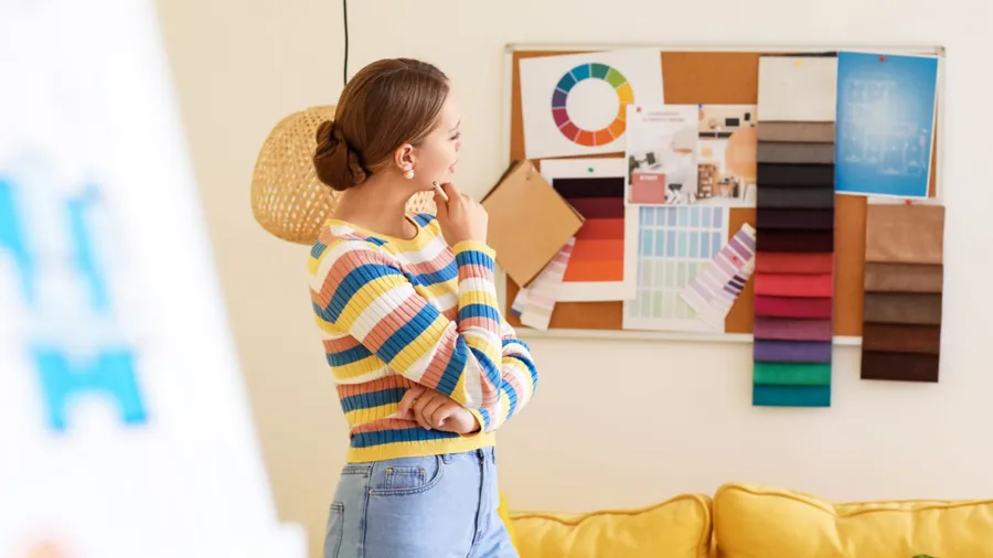 A woman thoughtfully considering design options while standing in front of a corkboard filled with color swatches and design materials.