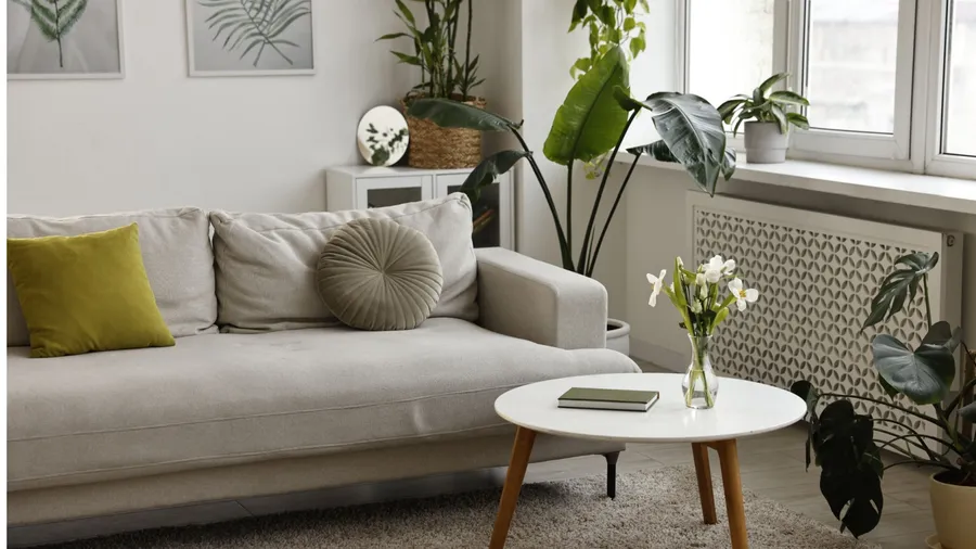 A living room interior with sofa, coffee table, rug, and potted plants on the floor and windowsill.