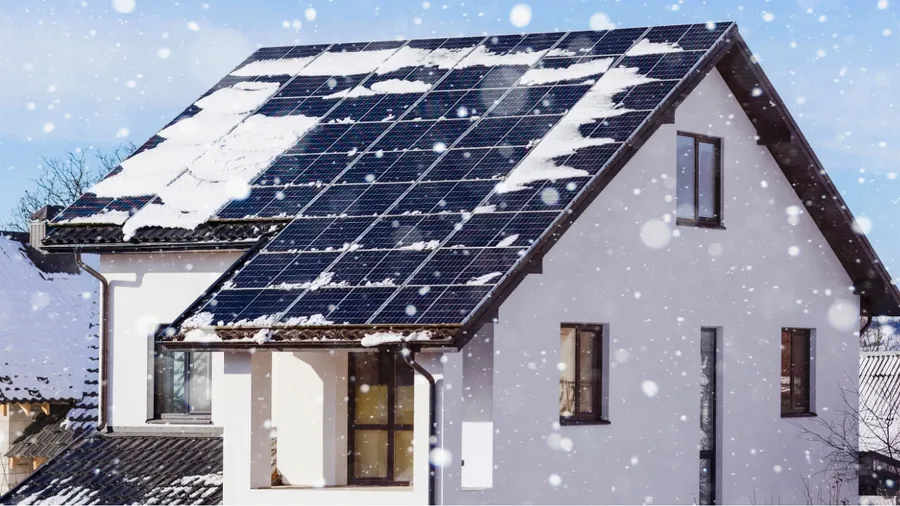 House with solar panels installed on the roof, winter snow on top.