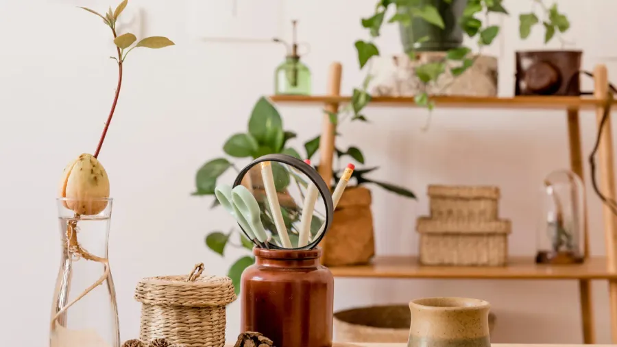 Stylish interior of a home office with decorative rattan storage baskets and plants on a wooden shelf.