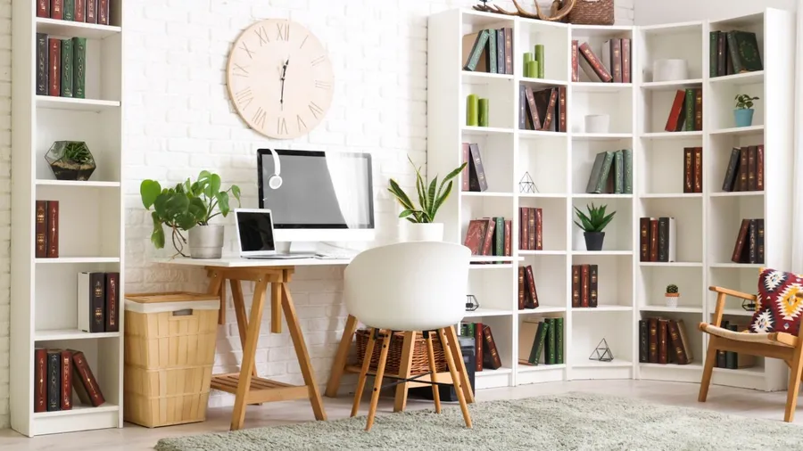 Stylish office with workplace, modern computer, chair and bookcase.