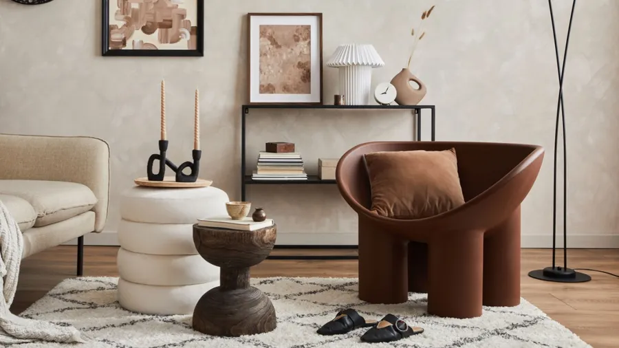 Elegant interior of living room with beige sofa, black console, brown creative armchair, modern lamp, mock up poster frame and stylish home decorations.