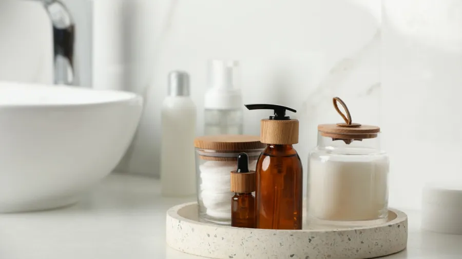 A decorative marble tray with dispenser bottle and cosmetic products on a white countertop in a bathroom.