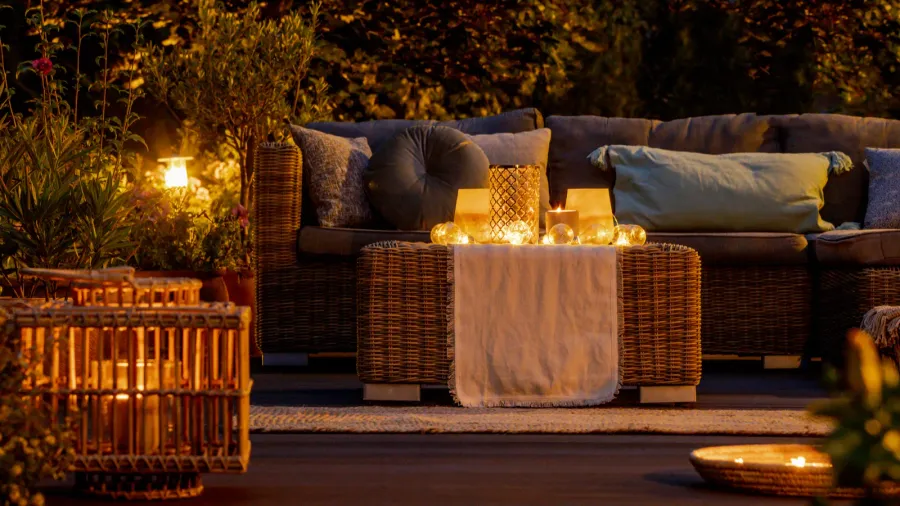 Trendy furniture, lights, Lanterns and candles in the garden at night.