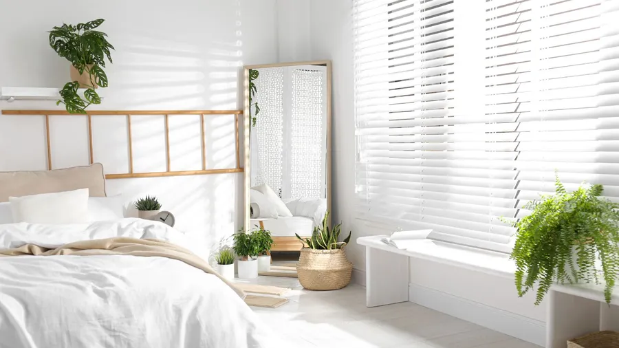 A neutral bedroom interior with white bedding, houseplants, and a full-length mirror placed in a corner near the window.