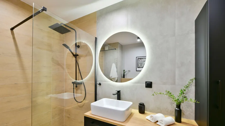 A bathroom interior with a rain shower, plant, sink, and a backlit mirror on the wall.