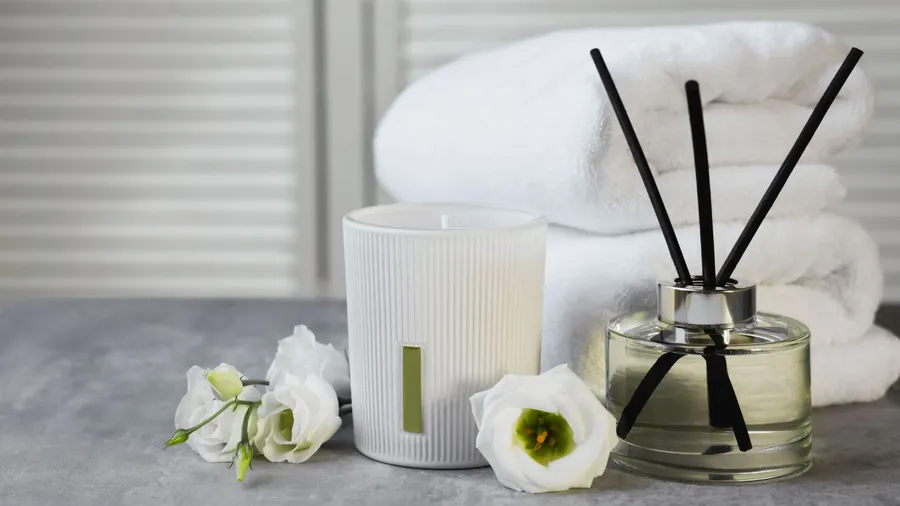 A reed diffuser, scented candle, flowers, and folded towels placed on a gray surface.