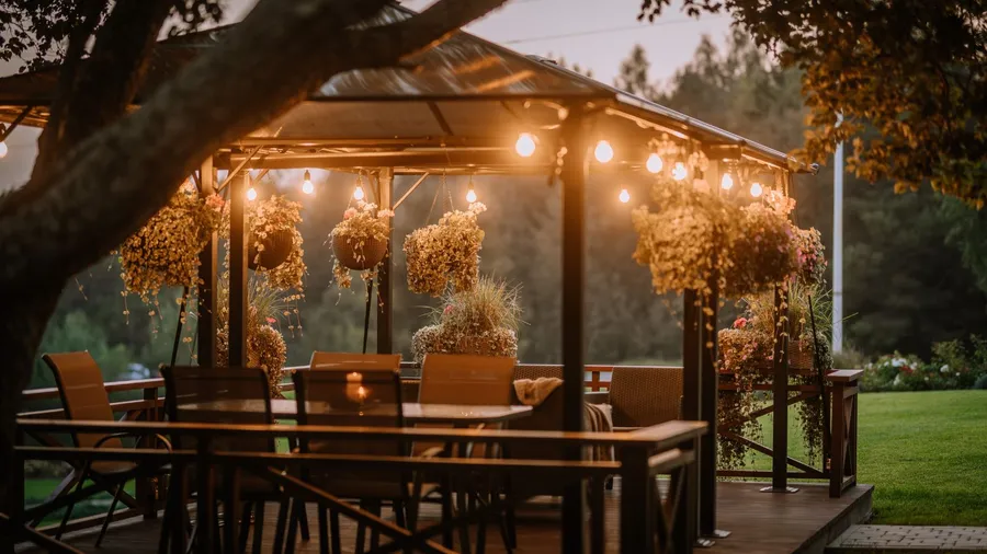 A wooden gazebo with tables, chairs, lights, and plant pots hanging from its ceiling.