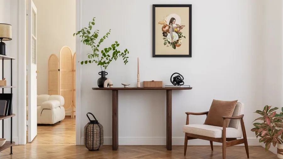 A wooden console table with a leaf stem in a vase and decor items in front of a white wall with framed art.