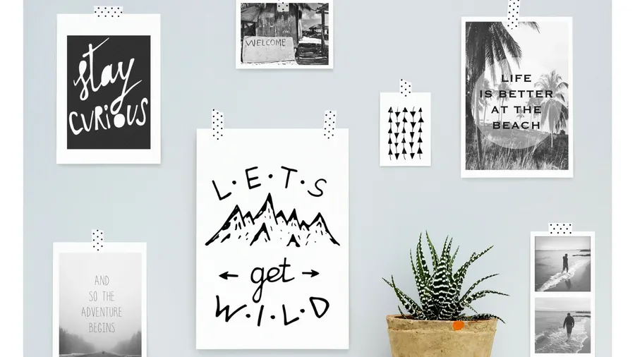 Inspirational quotations on wall. Summer, adventure, journey mood board with hanging on the gray wall with potted flower.