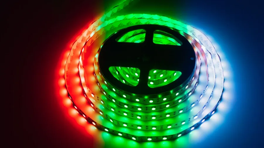 A color changing multicolored LED strip light.