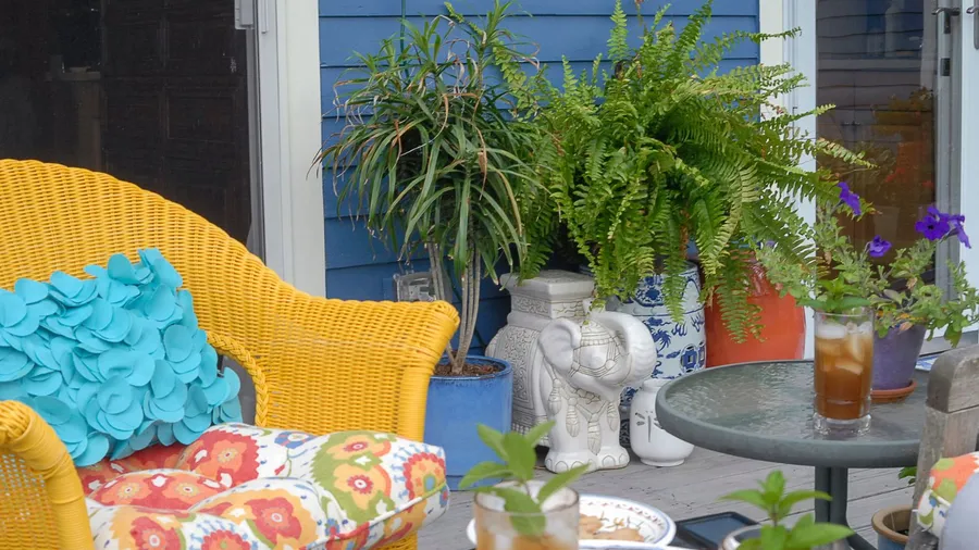 A patio with yellow wicker chair, blue ruffled pillow, a table, and potted plants.