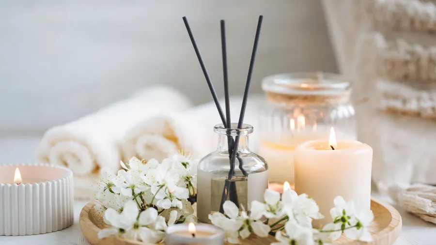 Reed diffuser, candle and fresh flowers