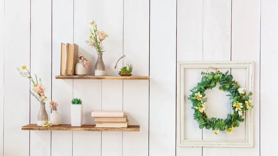 Wooden floating shelves with flowers in vases and books, and a wreath in a wooden frame on the wall.