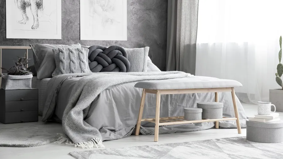 A bedroom interior with a cozy bed with decorative pillows, bedside table, potted plant, and a bed bench with storage boxes.
