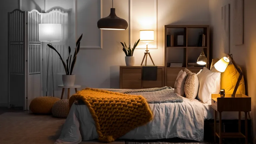 A stylish bedroom interior with cozy bed with knitted throw blanket and pillows, lamps, pendant light, bookshelf, and potted plants.