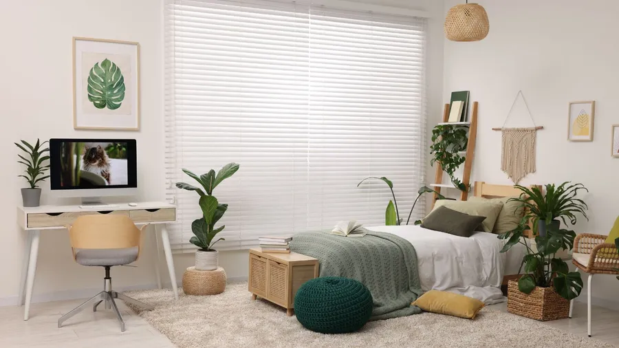 A cozy, Scandinavian-inspired bedroom with a bed, natural light, and indoor plants.