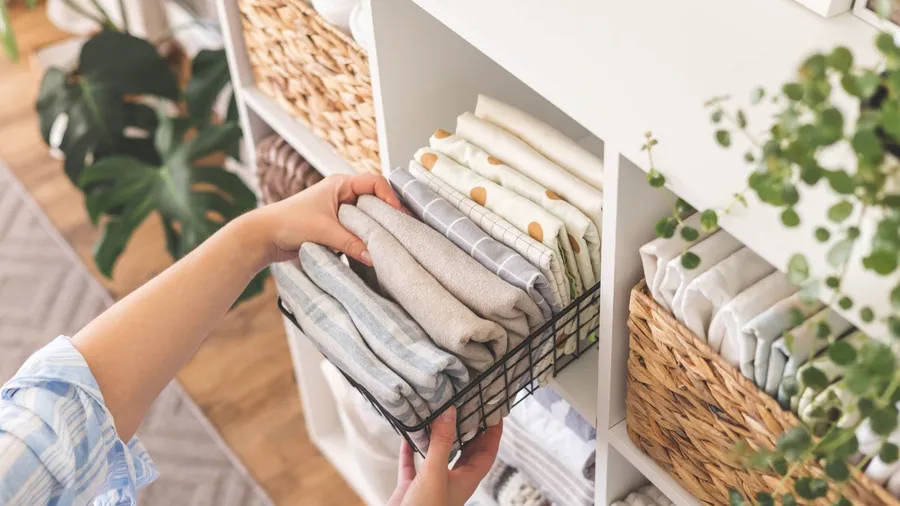 A person putting neatly folded towels, pillowcases, duvet covers into storage baskets.