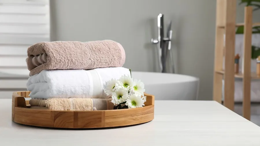 Neatly folded towels in a wooden tray in a bathroom.
