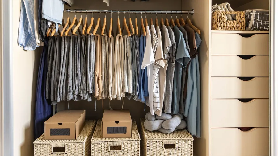 A closet with clothes hanging on a metal rod, stackable storage boxes, and storage drawers.