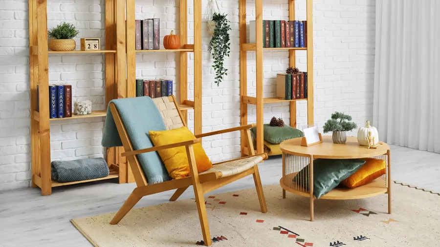 A living room interior with a wooden armchair, coffee table, wooden book shelf in front of a white brick wall, and a rug.