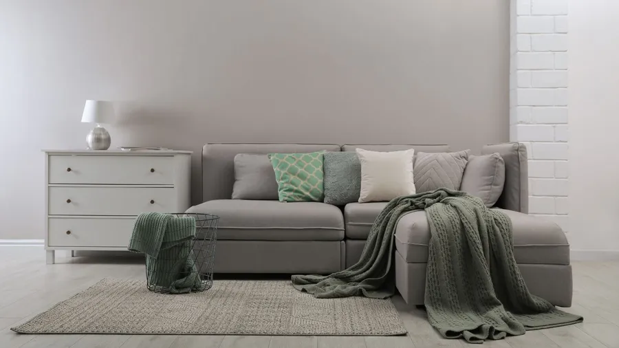 A living room interior with a cozy gray sofa, throw pillows, throw blanket, a white console table, and a rug.